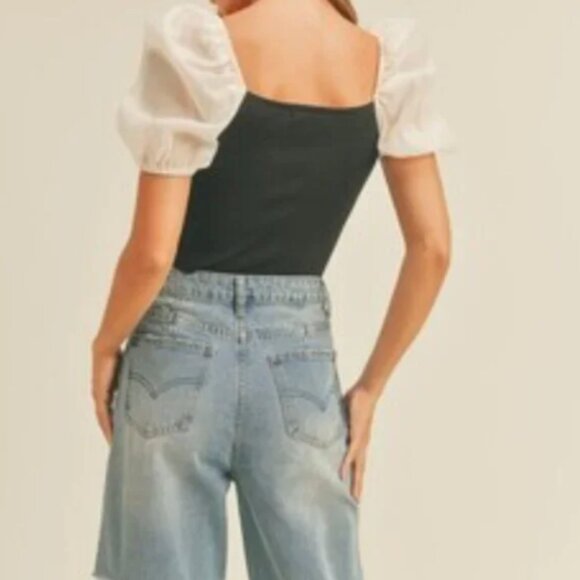 Miou Muse Black Cream Pouf Top Knit Ribbed Stretch Victorian Romantic Size Small - Picture 4 of 15